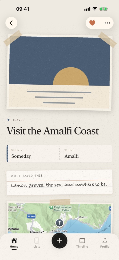 A wish: Visit the Amalfi Coast, with a map and a note